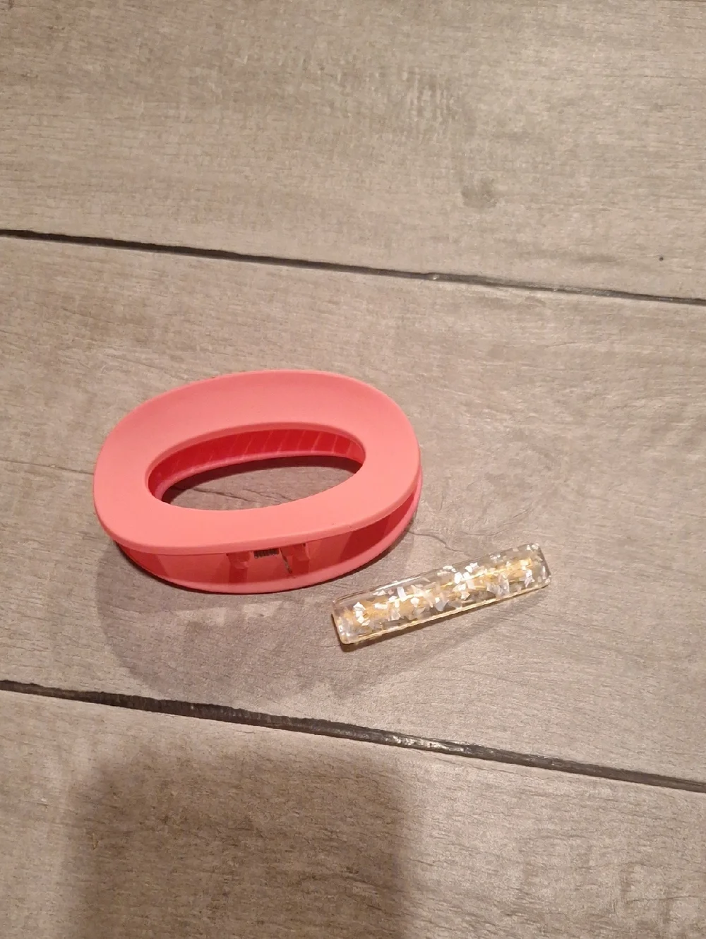 Coral Pink Oval Hair Clip with Clear Gold-Glitter Barrette